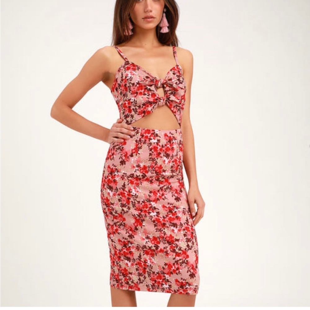 Wayf Pink Floral Midi Dress with Cutouts